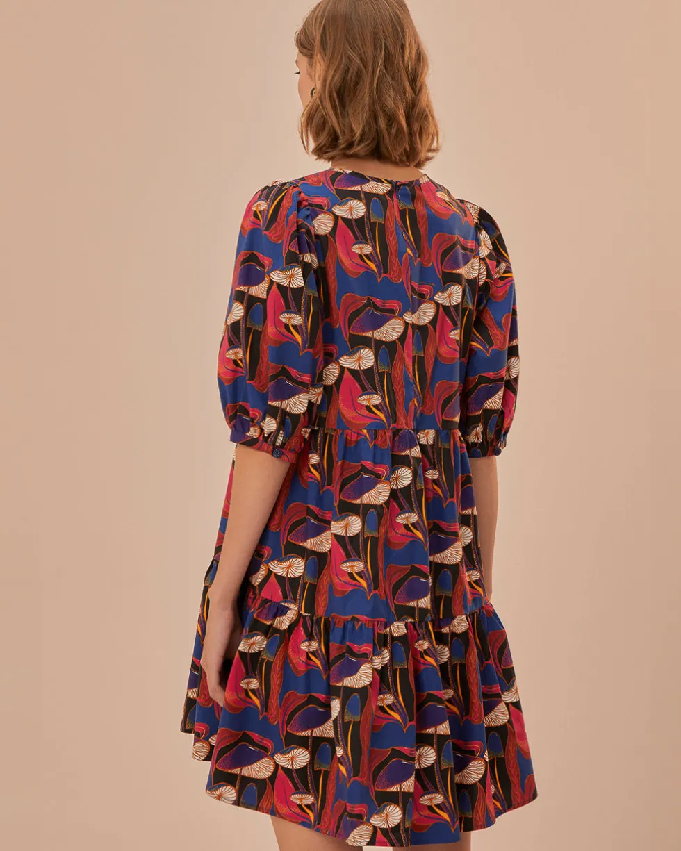 Black Wild Mushrooms Puff Sleeve Mini Dress