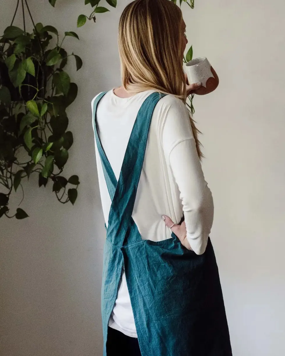 Cross Back Apron - Peacock Blue