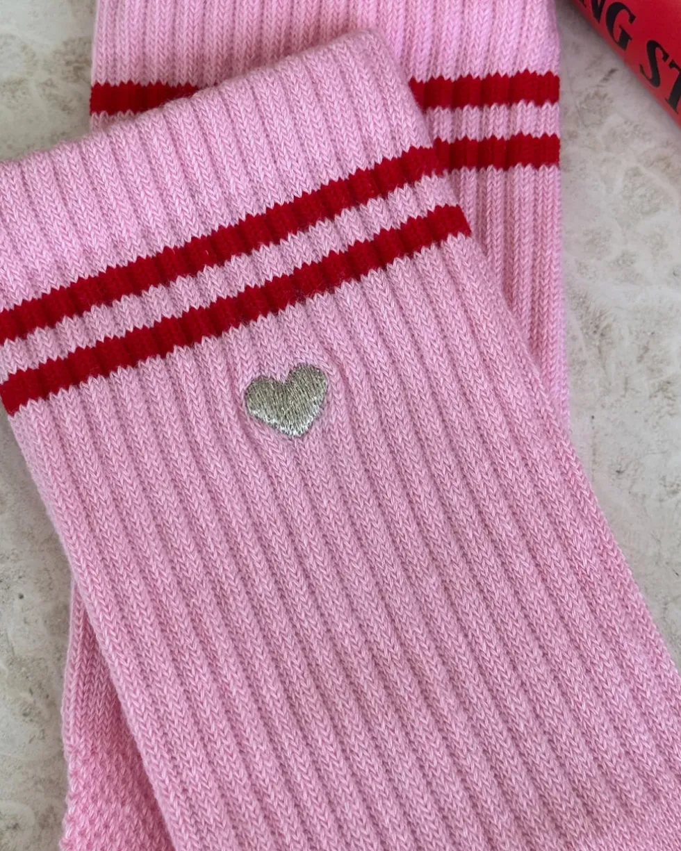 Embroidered Boyfriend Socks - Amour Pink + Heart