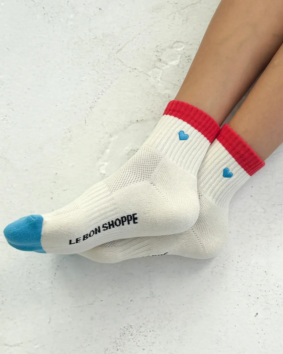 Embroidered Color Block Girlfriend Socks - Blue Red + Heart