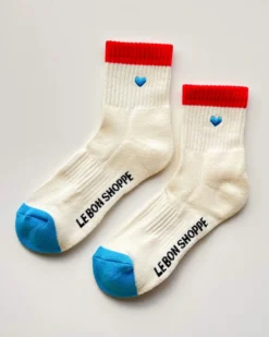 Embroidered Color Block Girlfriend Socks - Blue Red + Heart