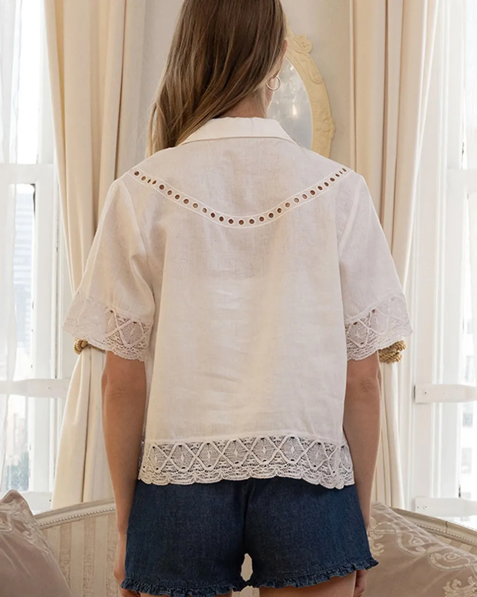 Embroidered Lace Trim Button Blouse - Ivory