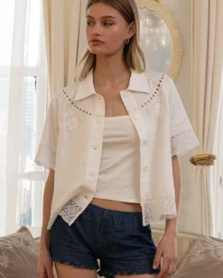 Embroidered Lace Trim Button Blouse - Ivory