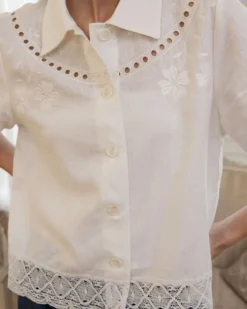Embroidered Lace Trim Button Blouse - Ivory