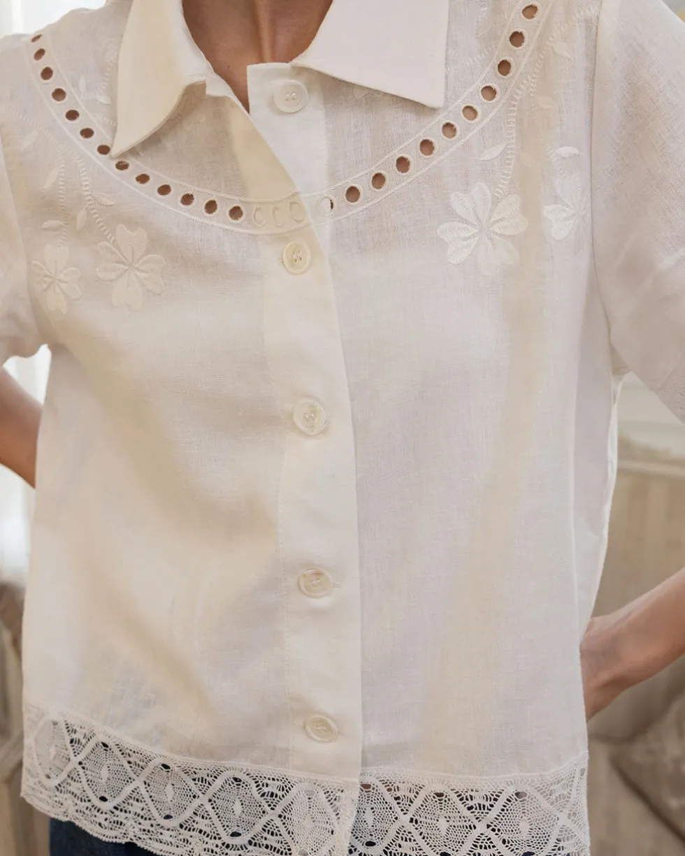 Embroidered Lace Trim Button Blouse - Ivory