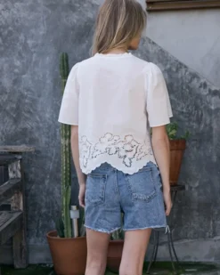 Embroidered Scallop Hem Puff Sleeve Blouse - White