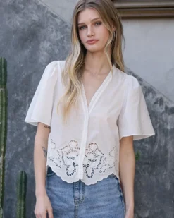 Embroidered Scallop Hem Puff Sleeve Blouse - White
