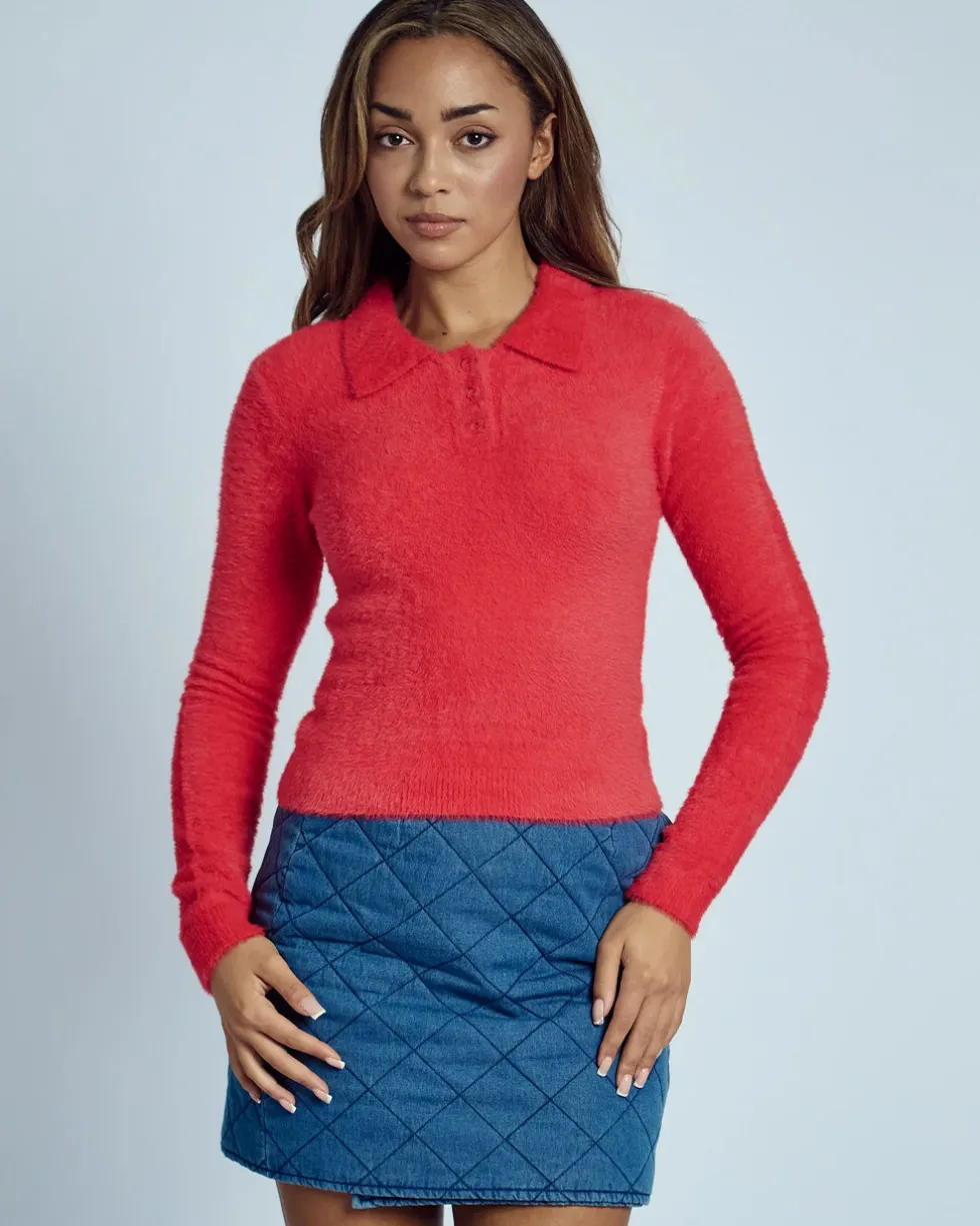 Heidi Brushed Knit Long Sleeve Polo Top
