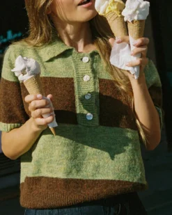 Molly Polo Sweater - Mocha + Pistachio Stripe