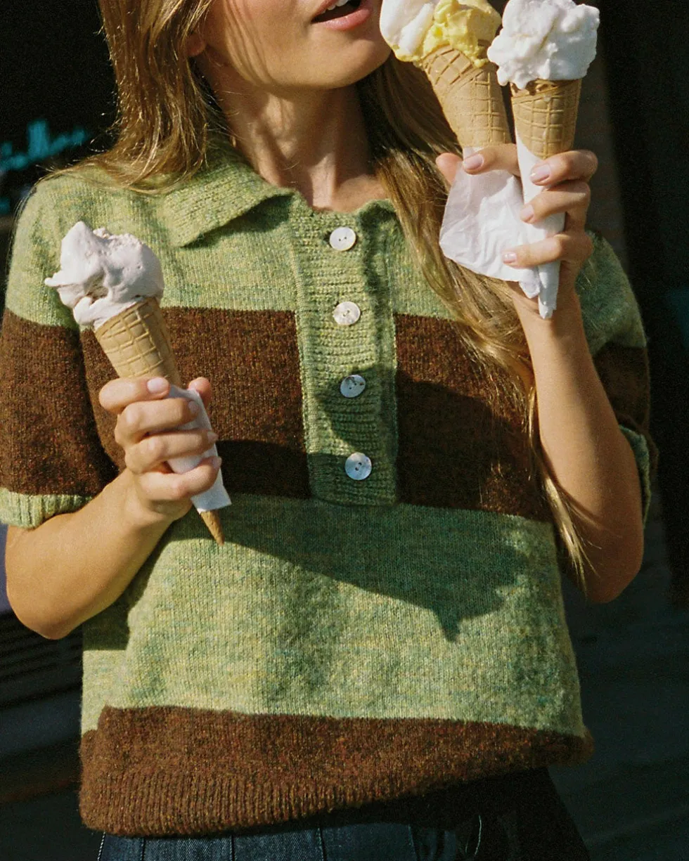 Molly Polo Sweater - Mocha + Pistachio Stripe