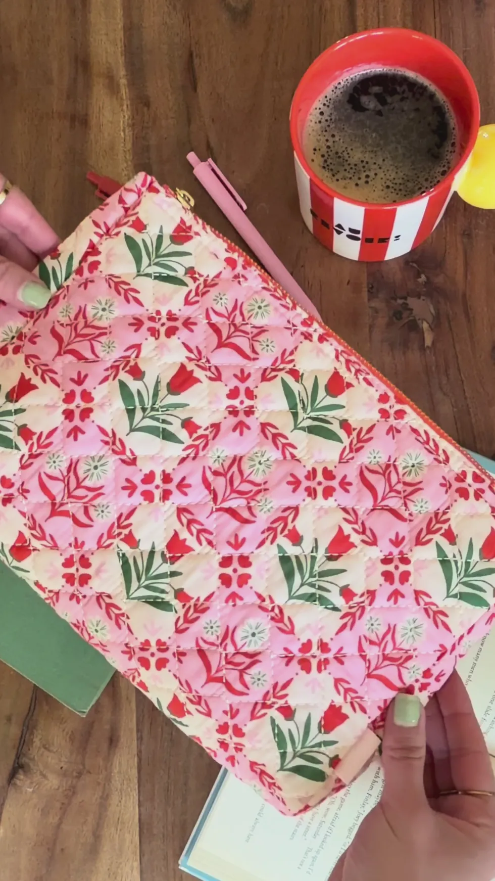 Quilted Pouch - Pink Tile Floral