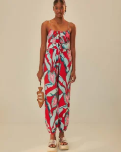 Red Summer Foliage Organic Cotton Jumpsuit