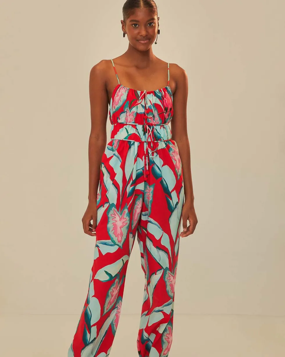 Red Summer Foliage Organic Cotton Jumpsuit