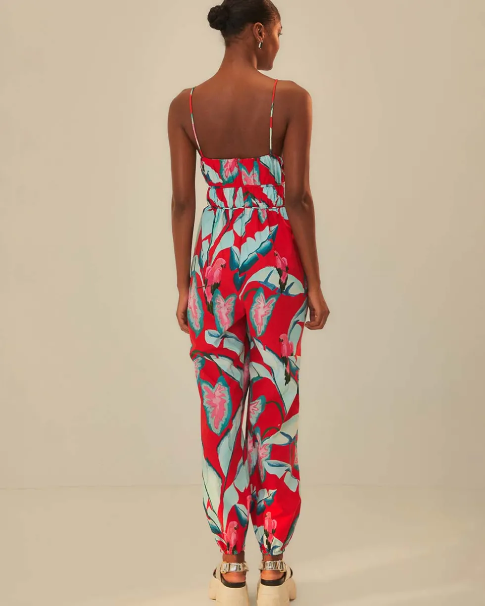 Red Summer Foliage Organic Cotton Jumpsuit