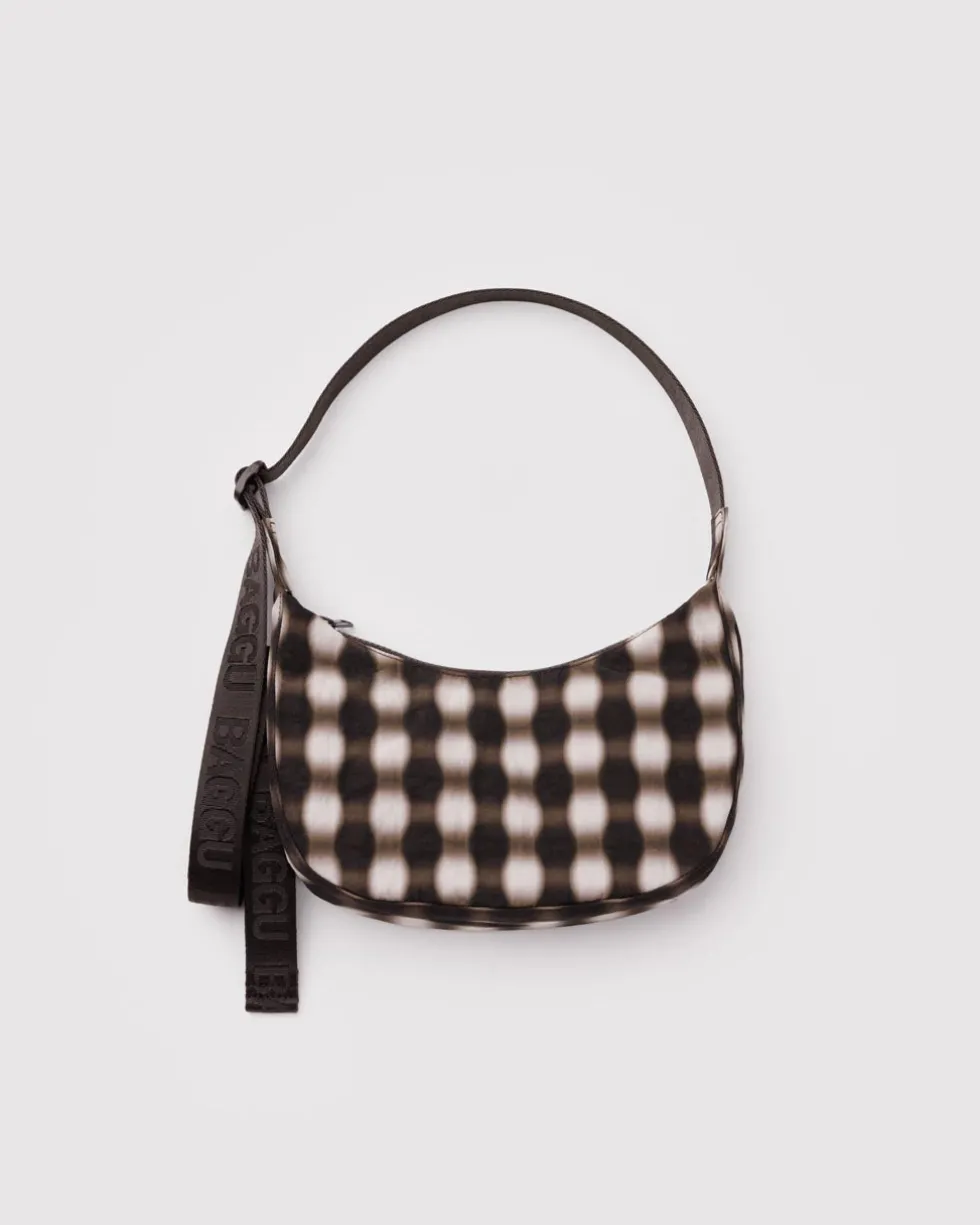Small Nylon Crescent Bag w/ Key Leash - Blurred Gingham Brown