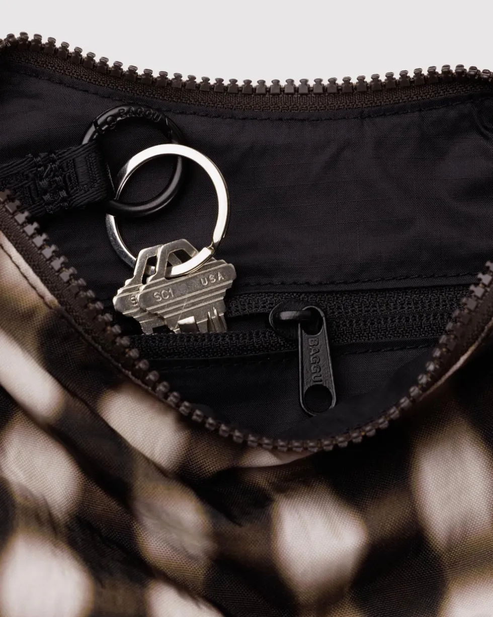 Small Nylon Crescent Bag w/ Key Leash - Blurred Gingham Brown