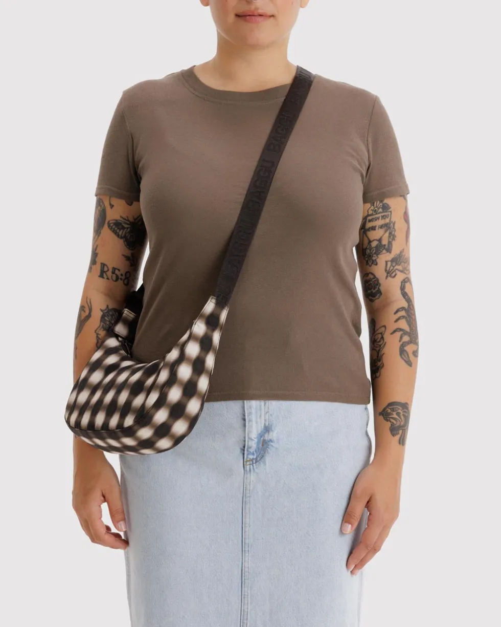Small Nylon Crescent Bag w/ Key Leash - Blurred Gingham Brown